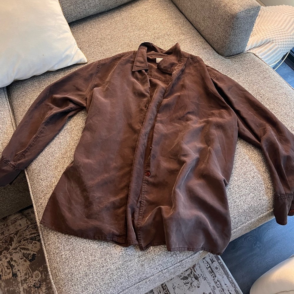 VINTAGE SATIN BROWN BUTTON UP SIZE M